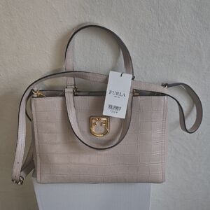 Furla Beige Croc-Embossed Satchel